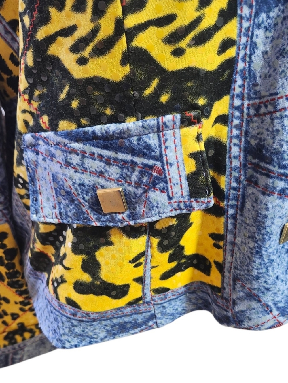 Joseph Ribkoff Bold Yellow Leopard & Denim Print Snap Button Top - Picture 6 of 12